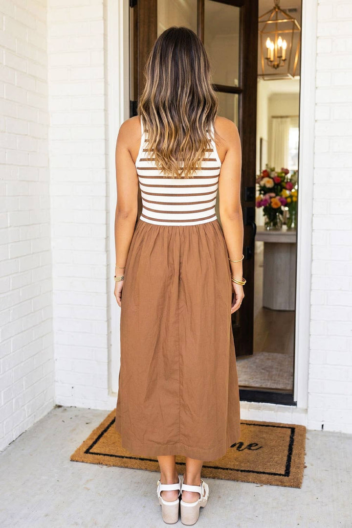 Striped Patchwork Contrast Midi Dress (S-XL)