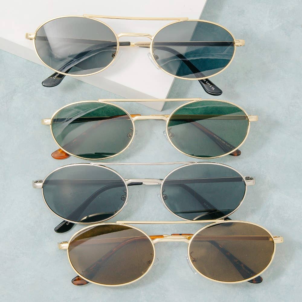 Slim Oval Double Bridge Metal Frame Sunglasses
