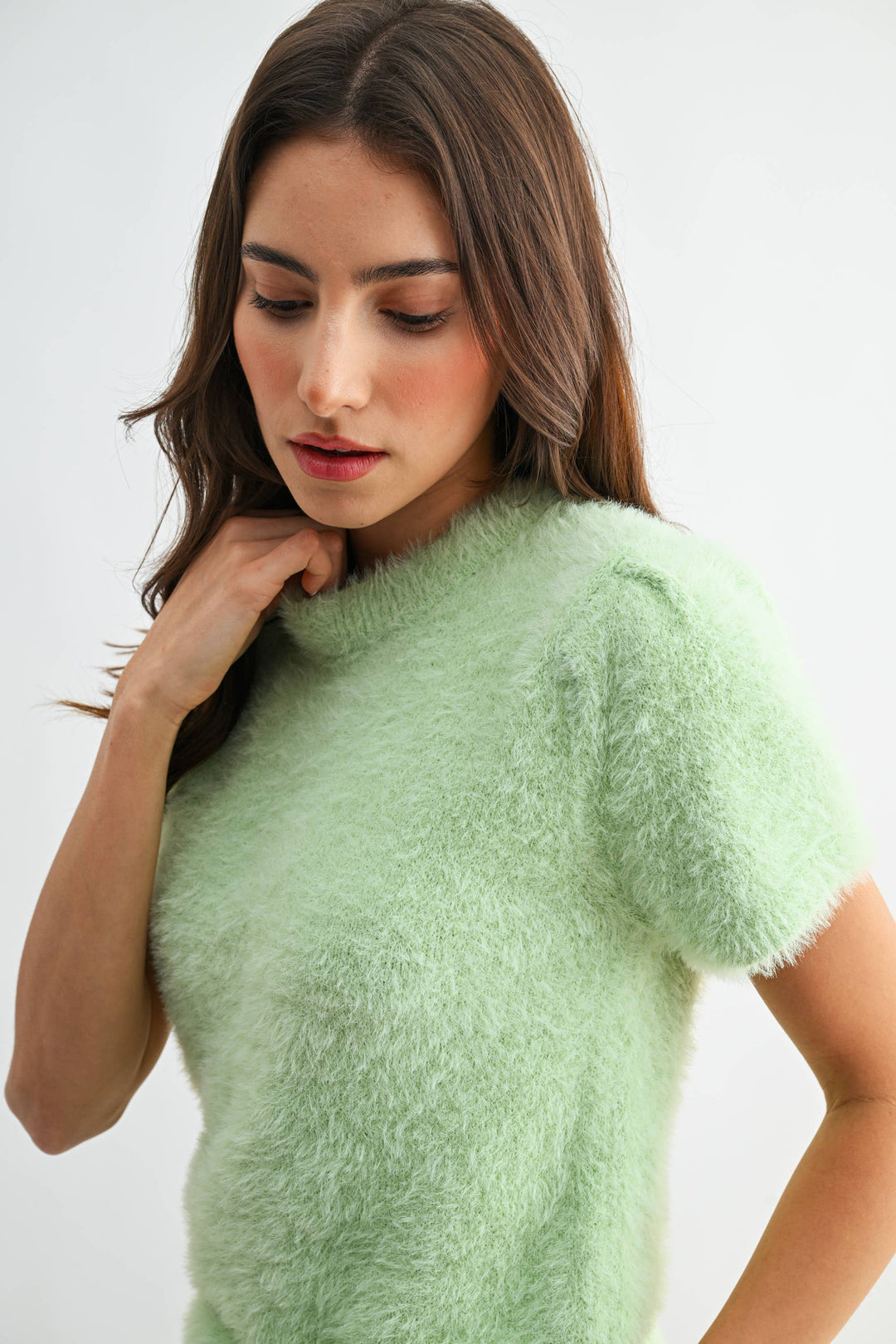 Women's Short Sleeve - Soft Pink Fuzzy Knit Short Sleeve Sweater Top - - Cultured Cloths Apparel