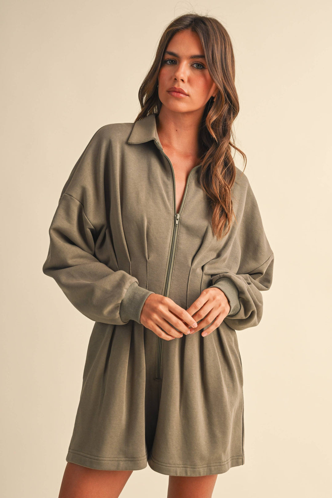 PLEATED WAIST LONG SLEEVE SHIRT COLLAR ROMPER