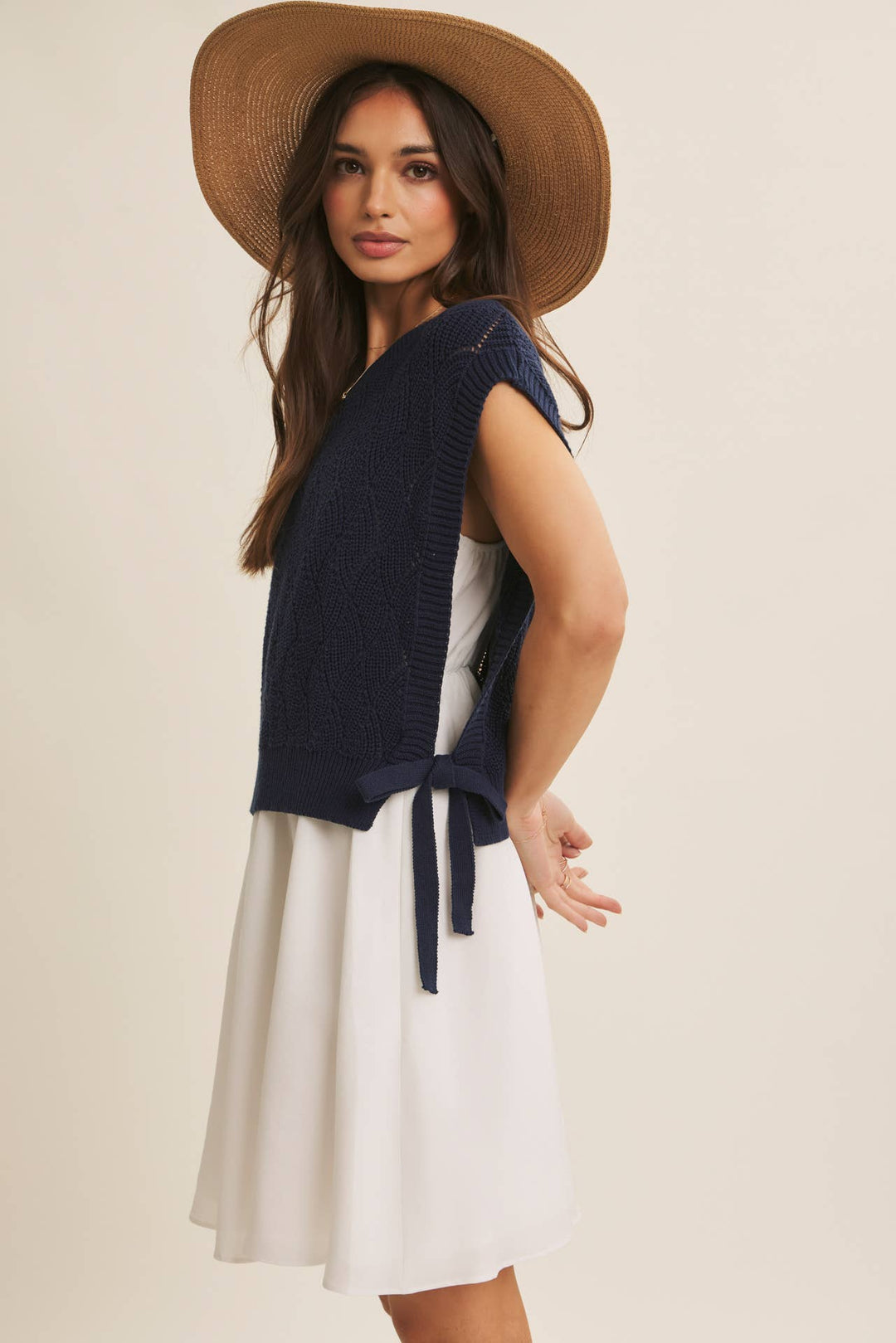 Dresses - MIX AND MATCH VALUE LAYERING SWEATER VEST AND CAMI DRESS SET - NAVY/OFF WHITE - Cultured Cloths Apparel