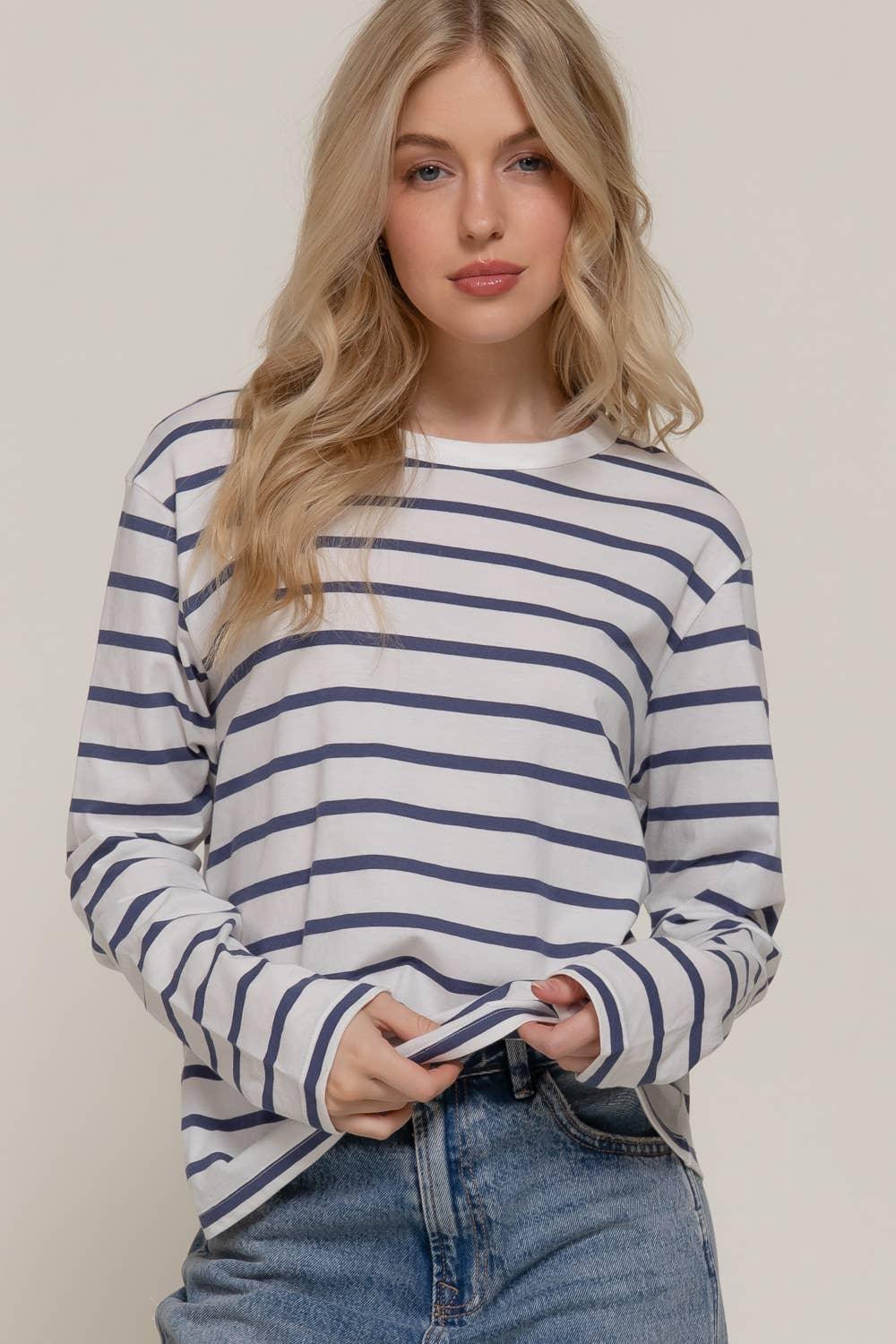 Women's Long Sleeve - Long Sleeve Round Neck Neck Stripe Tee - BLUE - Cultured Cloths Apparel