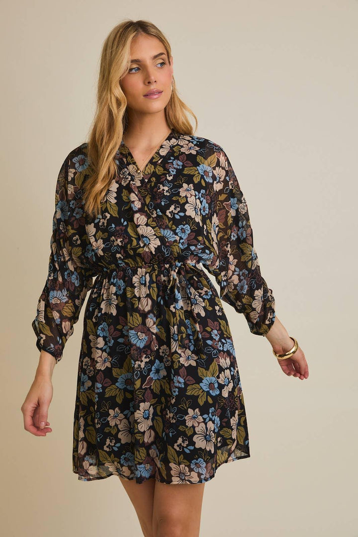 Women's Dresses - SURPLICE SHIRRING 3/4 SLEEVE FLORAL DRESS - - Cultured Cloths Apparel