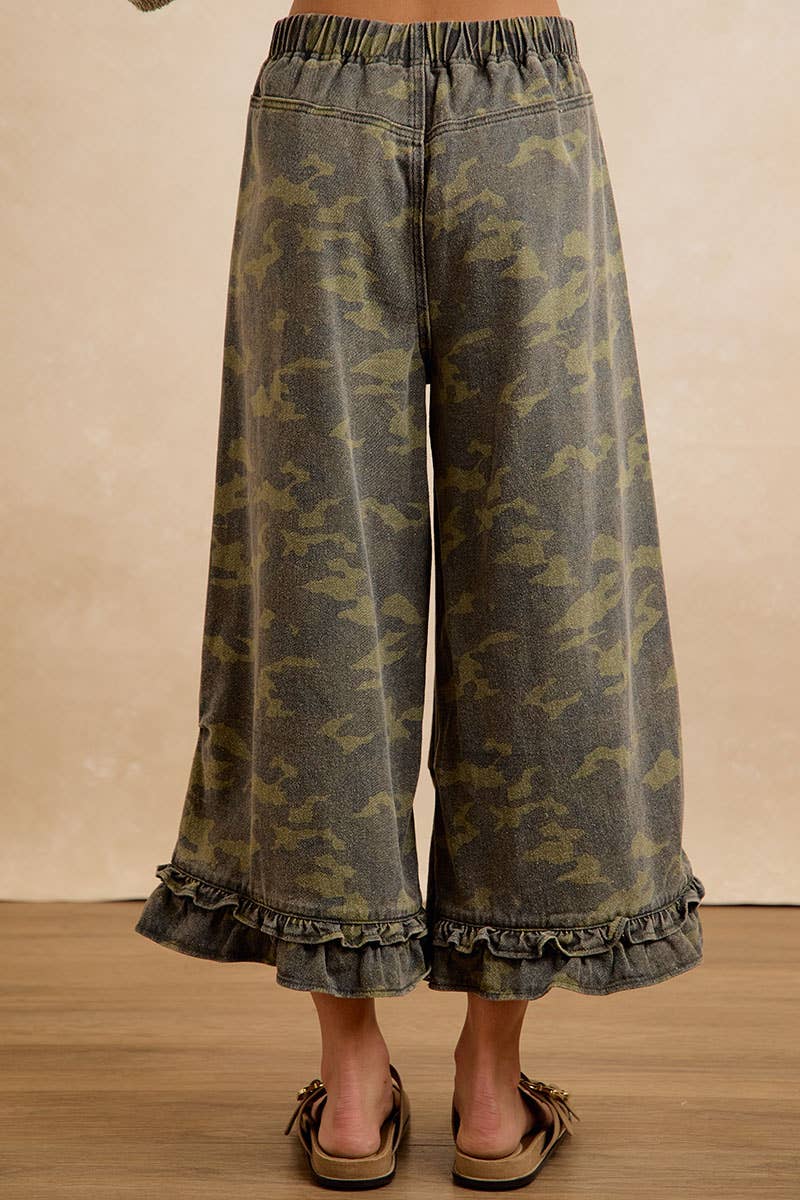 Pants - CAMOUFLAGE DENIM RUFFLED HEM MID RISE PANTS - - Cultured Cloths Apparel