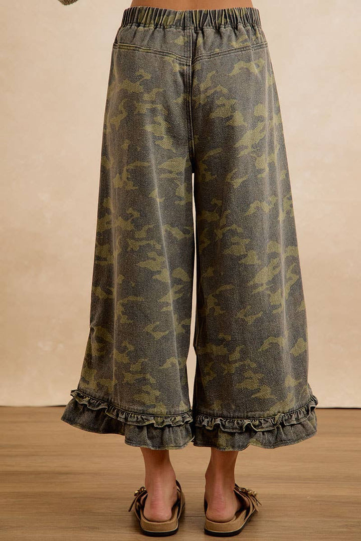 Pants - CAMOUFLAGE DENIM RUFFLED HEM MID RISE PANTS - - Cultured Cloths Apparel