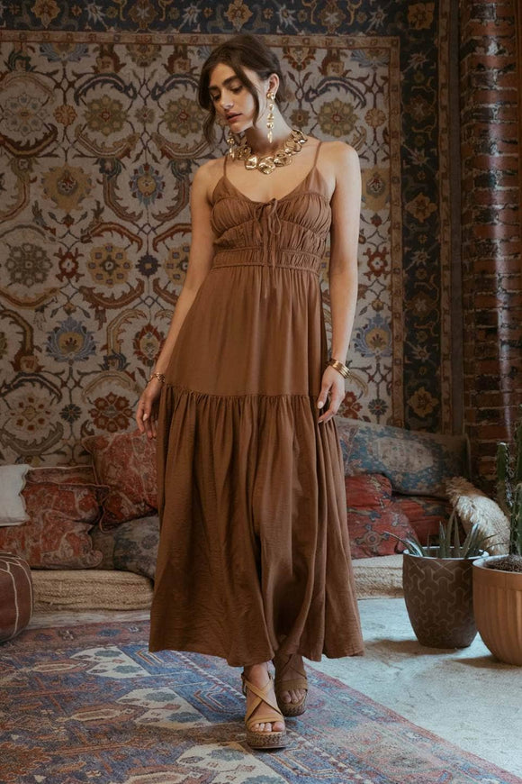 Women's Dresses - SHIRRED FRONT TIE SLEEVELESS MIDI DRESS -  - Cultured Cloths Apparel