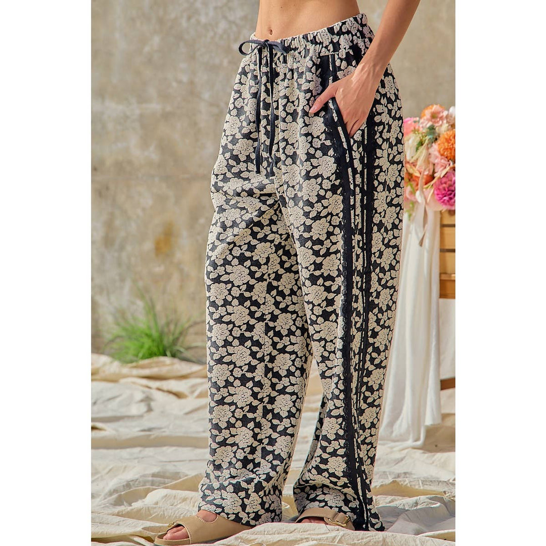 FLORAL JACQUARD SIDE LACE TRIM ELASTIC PANTS