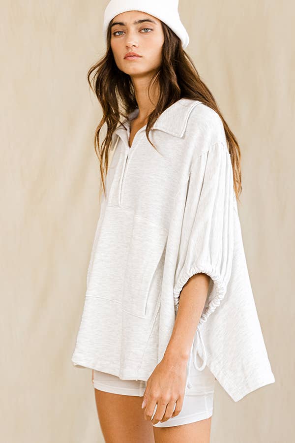 Women's Short Sleeve - Gray Oversized Drawstring Tie Sleeves Detail Solid Top - - Cultured Cloths Apparel