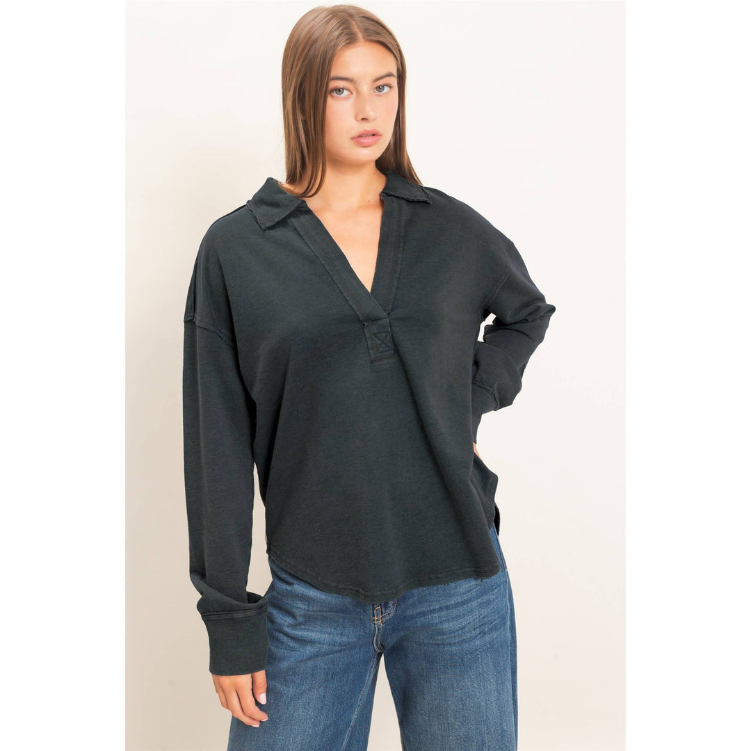 Mineral Washed Polo Collar Long Sleeve Top