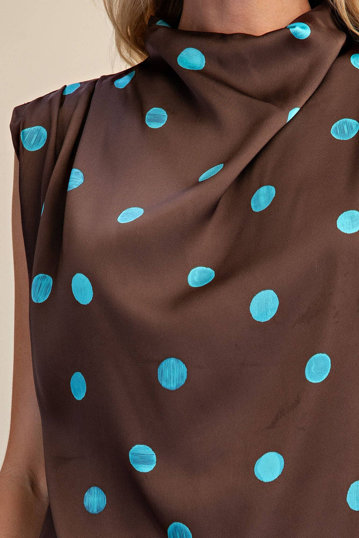 Cowl Mock Neck Pleats Shoulder Sleeveless Top Polka Dot
