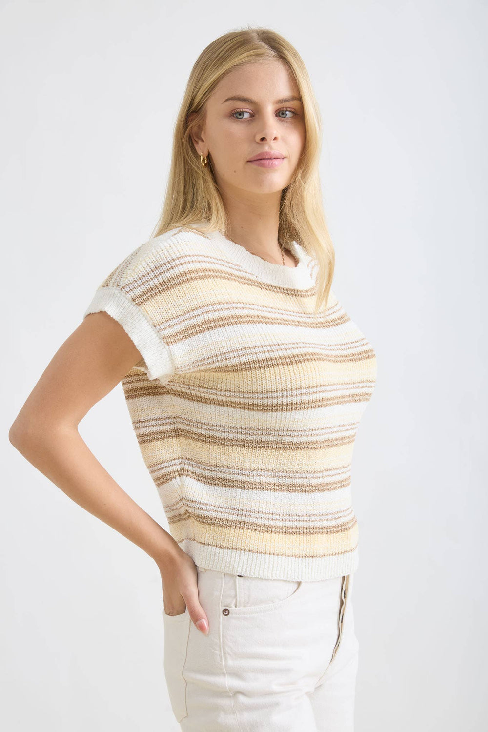 Women's Short Sleeve - MULTI-COLOR STRIPE SHORT SLEEVE KNIT PULLOVER - BUTTER YELLOW MULTI - Cultured Cloths Apparel