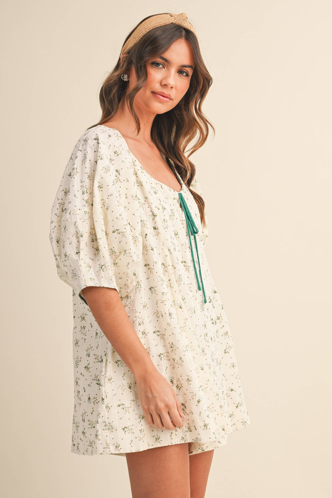 Women's Rompers - FLORAL SWISS DOT OVERSIZED PUFF SLEEVE ROMPER - - Cultured Cloths Apparel