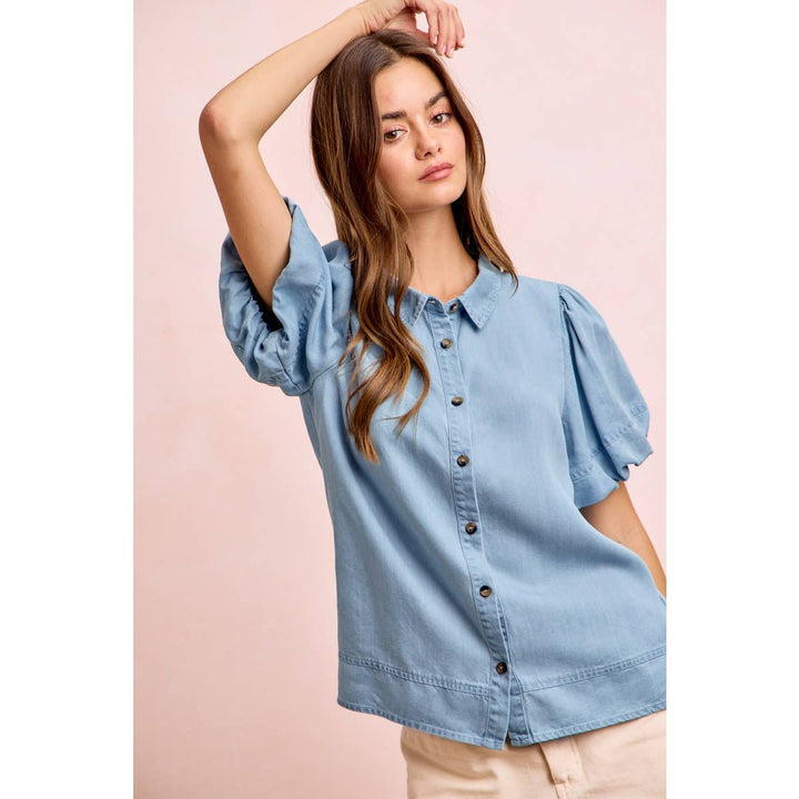 Women's Short Sleeve - PUFF SLEEVES WASHED TENCEL SHIRT TOP - - Cultured Cloths Apparel