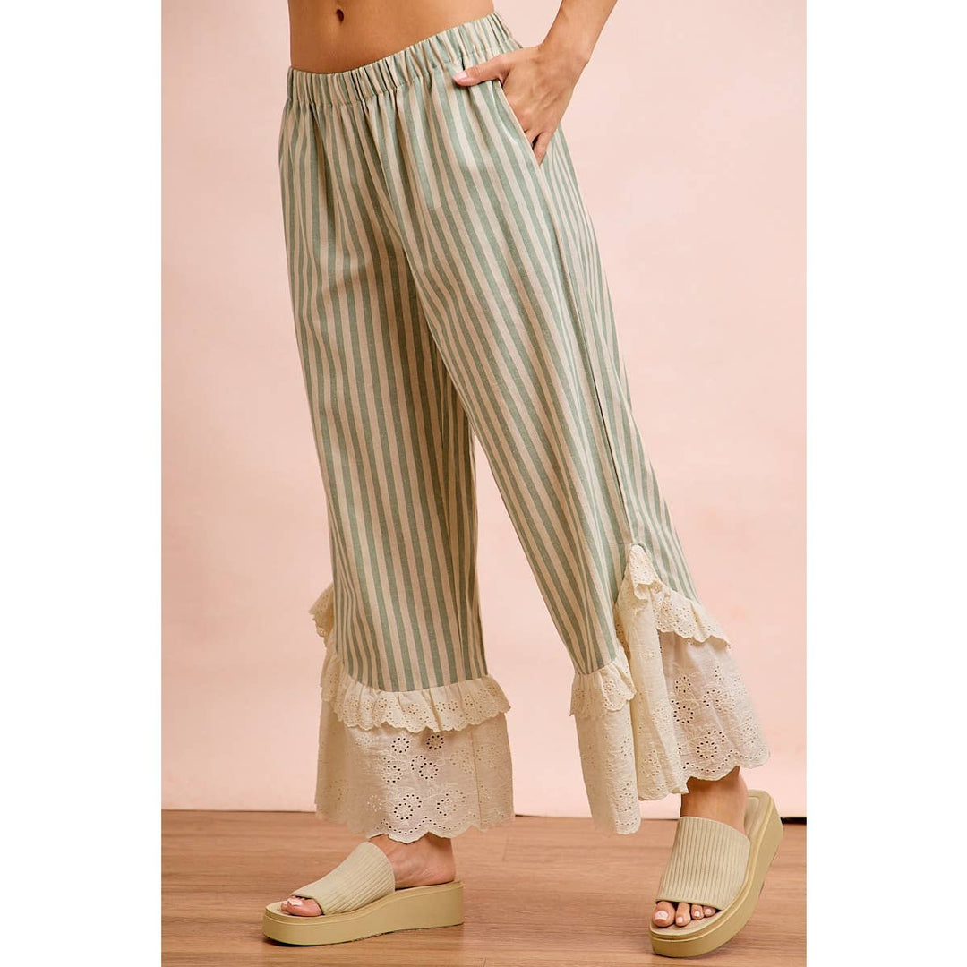 Pants - STRIPE WOVEN RUFFLED LACE HEM PANTS WITH SIDE POCKET - - Cultured Cloths Apparel