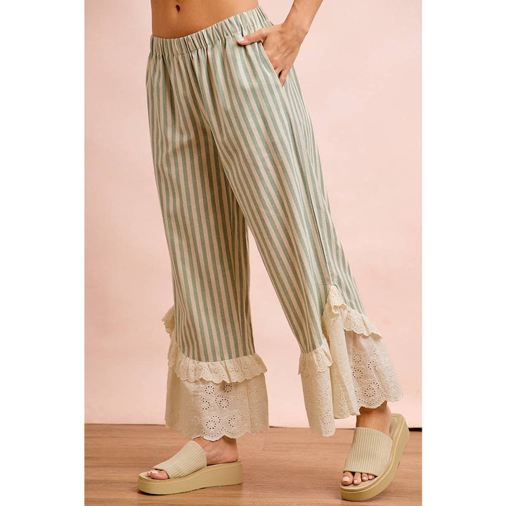 Pants - STRIPE WOVEN RUFFLED LACE HEM PANTS WITH SIDE POCKET - - Cultured Cloths Apparel