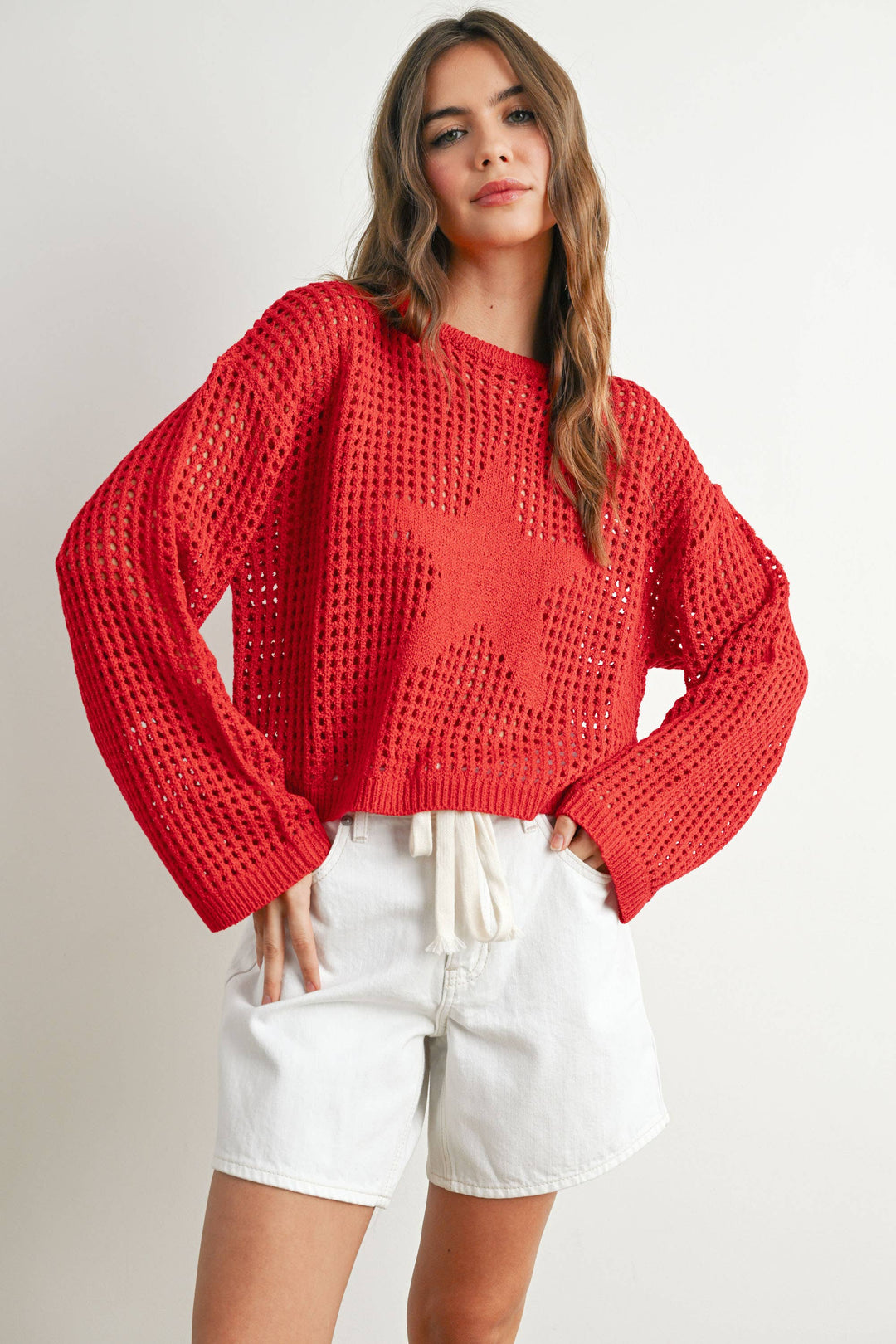 Women's Sweaters - Star Crew Neck Crochet Sweater - - Cultured Cloths Apparel