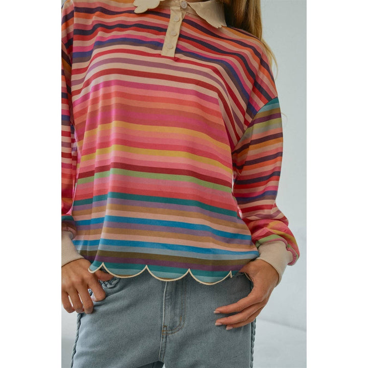 Celestine Whimsical Stripe Collared Scalloped Top