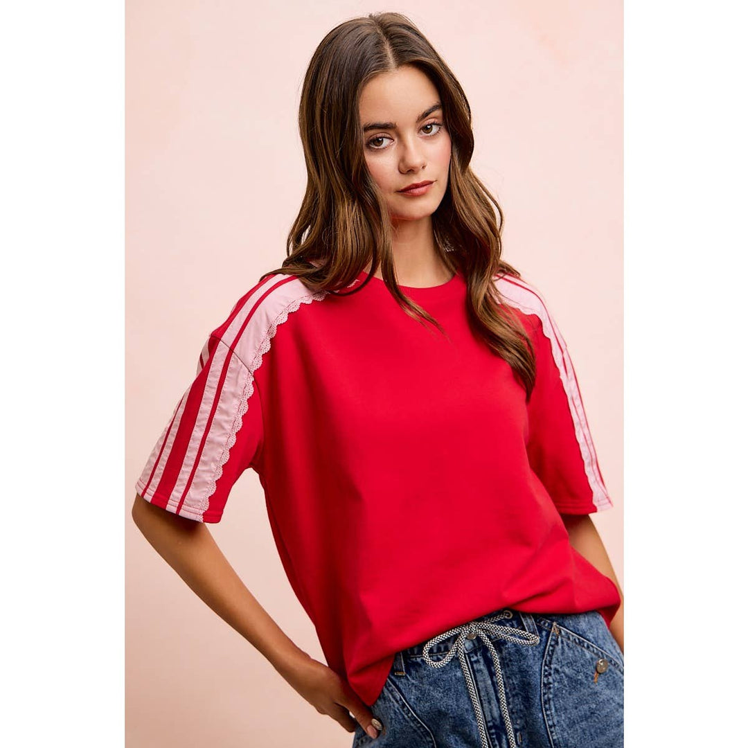 FRENCH TERRY SIDE LACE DETAIL SHORT SLEEVES TOP