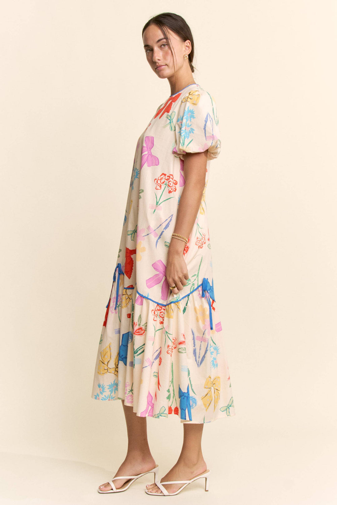 Bow Flower Printed Binding Detail Midi Dress