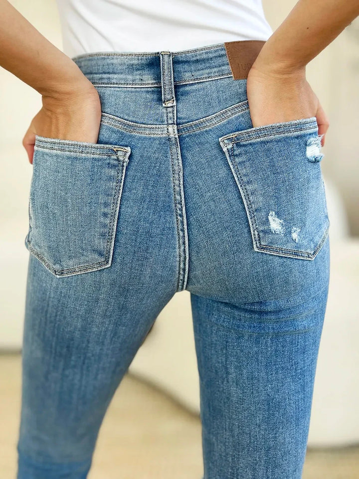 Denim - Judy Blue Full Size Mid Rise Destroy & Cuff Skinny Jeans - - Cultured Cloths Apparel