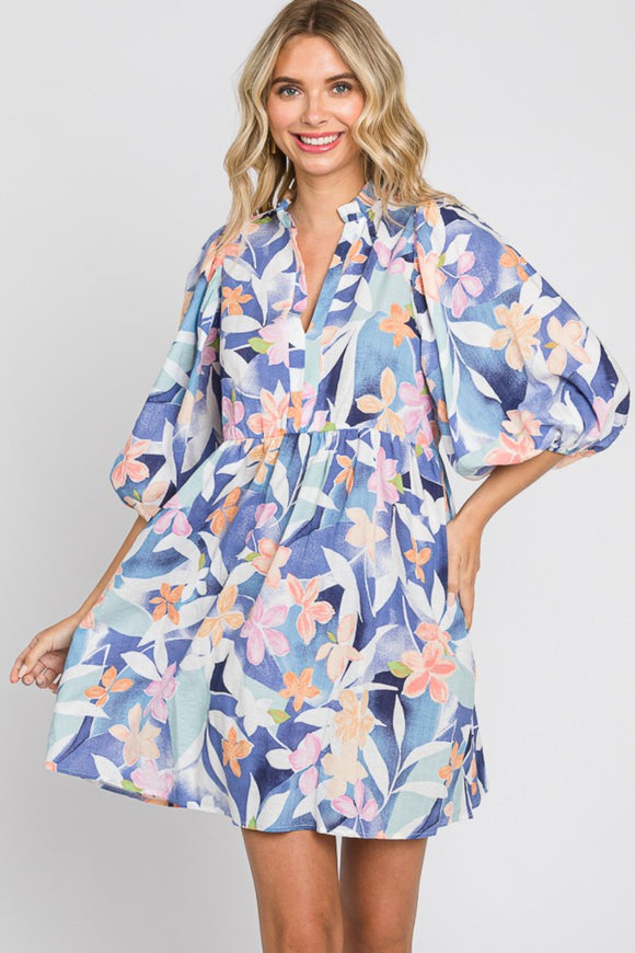 Women's Dresses - GeeGee Floral Print Mini Dress - Blue Multi - Cultured Cloths Apparel