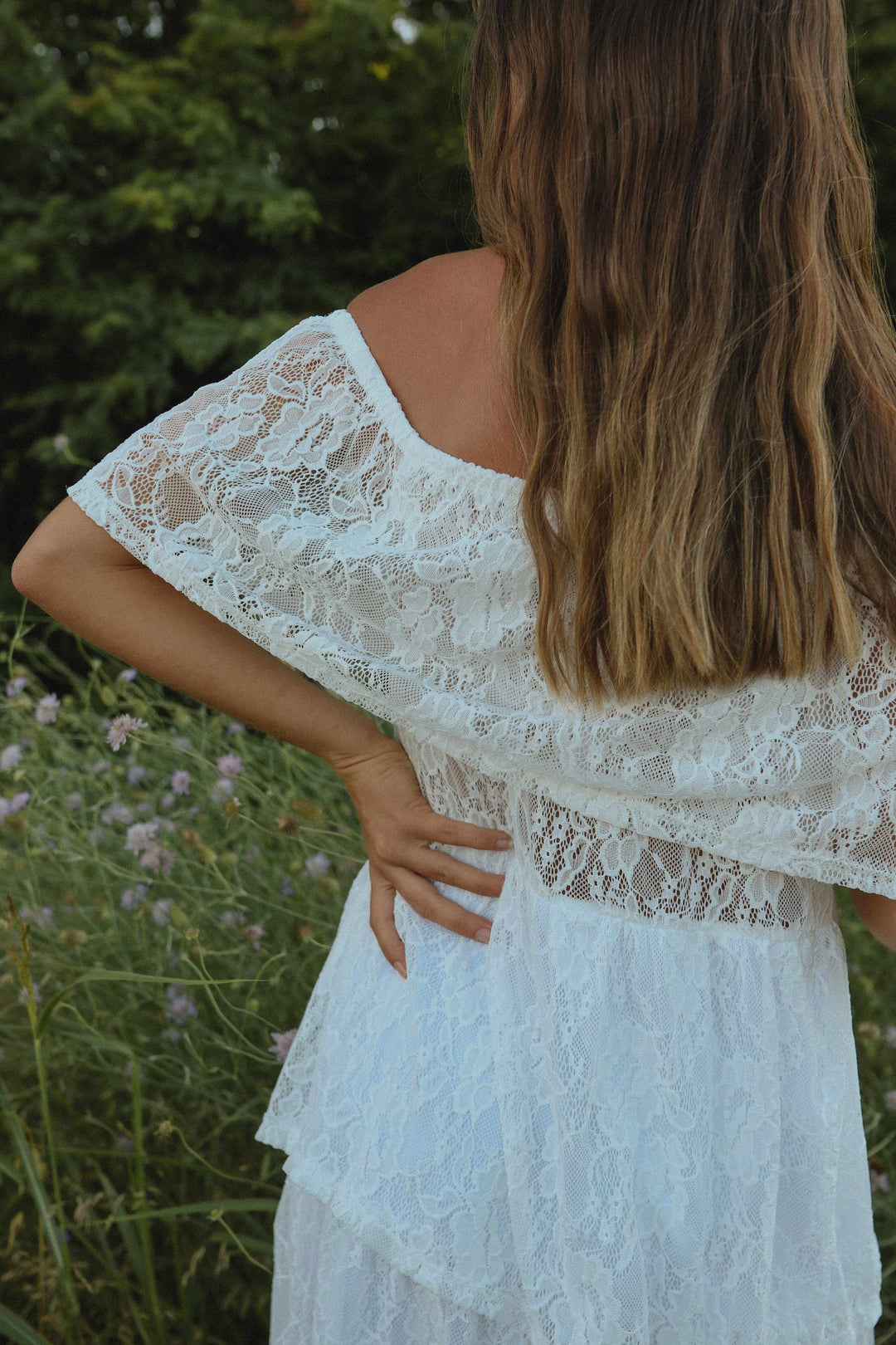off the shoulder lace dress product info and reviews White Off-the-Shoulder Lace Long Sleeve Tea-Length Wedding Dress