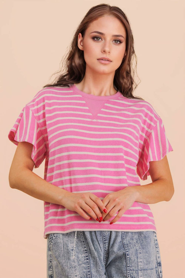 Oversized Ruffle Sleeve Casual Stripe Knit Top