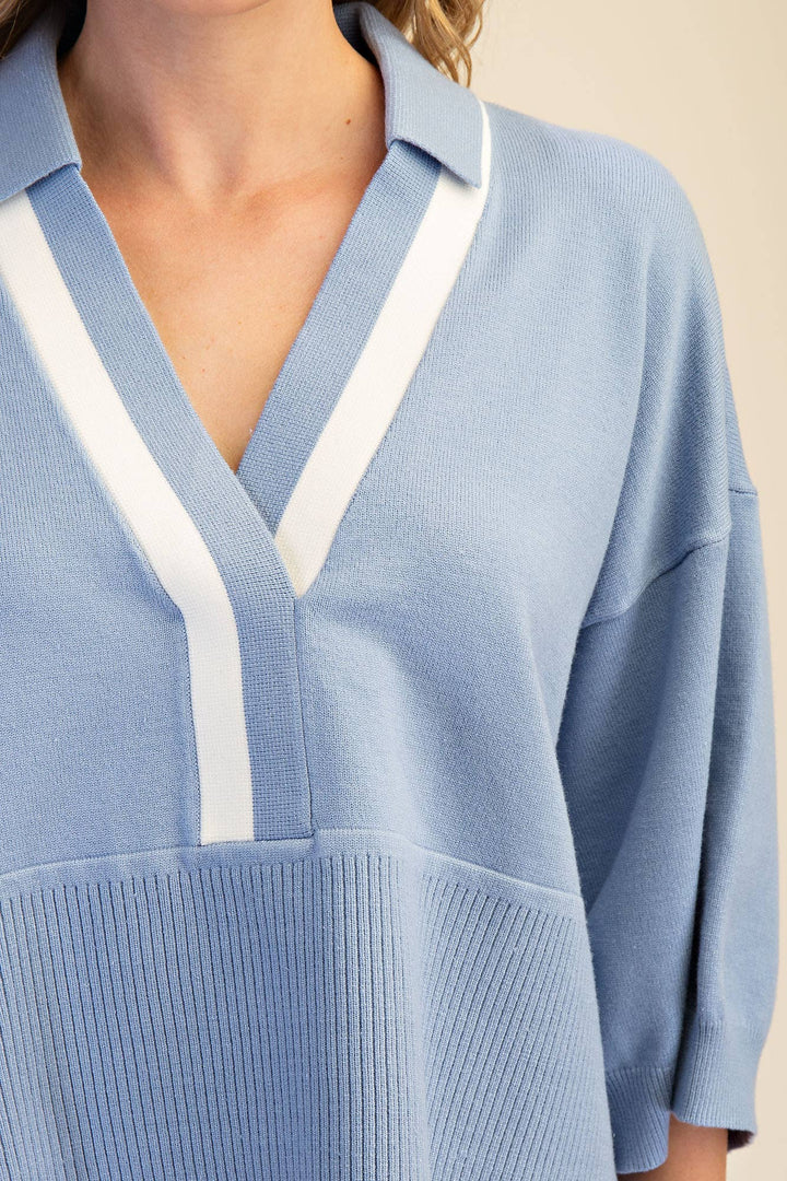 Nude Collar With Contrast Trim Loose Fit Dropped Shoulder Sweater