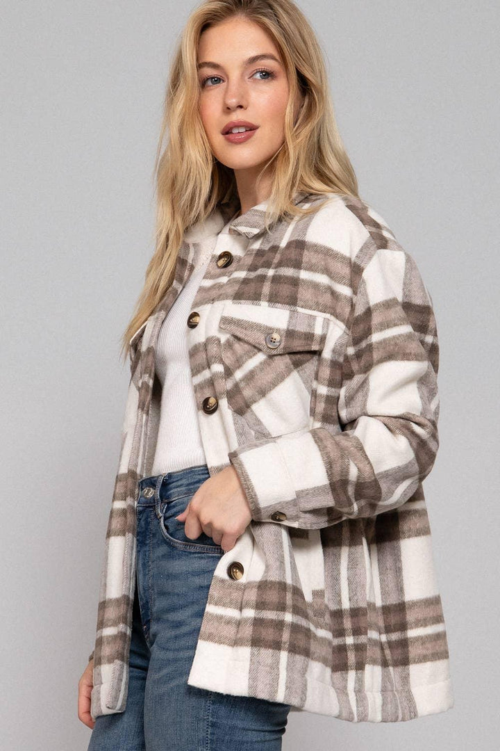 Outerwear - Long Sleeve Inside Faux Fur Brushed Plaid Jacket - - Cultured Cloths Apparel