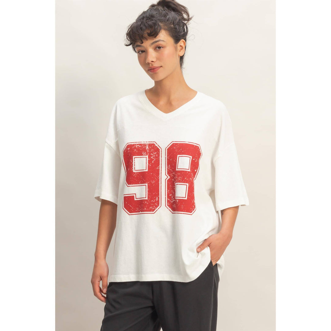 Graphic T-Shirts - Oversized Varsity Style V-Neck Graphic T-Shirt - - Cultured Cloths Apparel