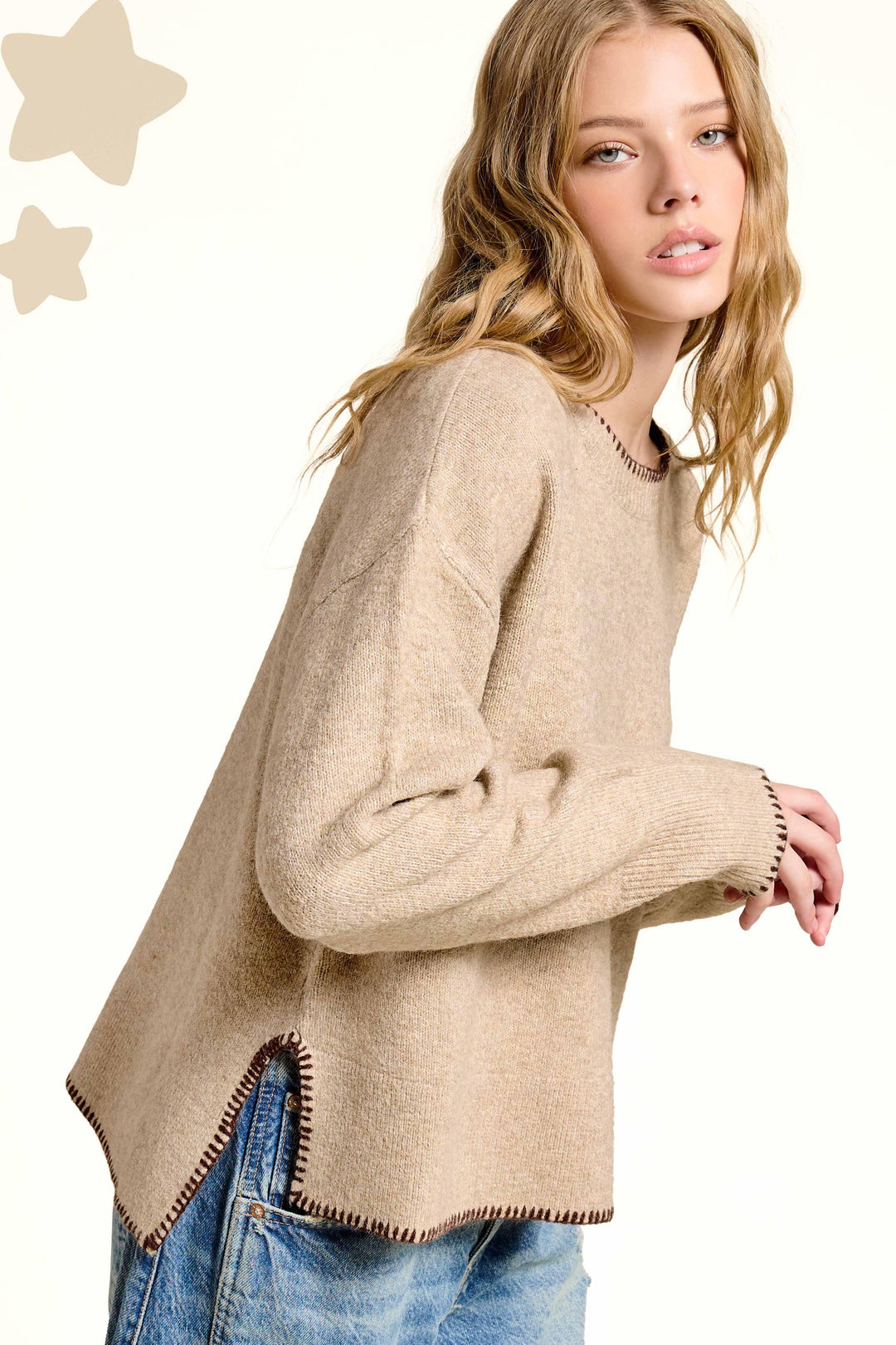 Hi-Low Crew Neck Sweater W/ Contrast Blanket Stitch