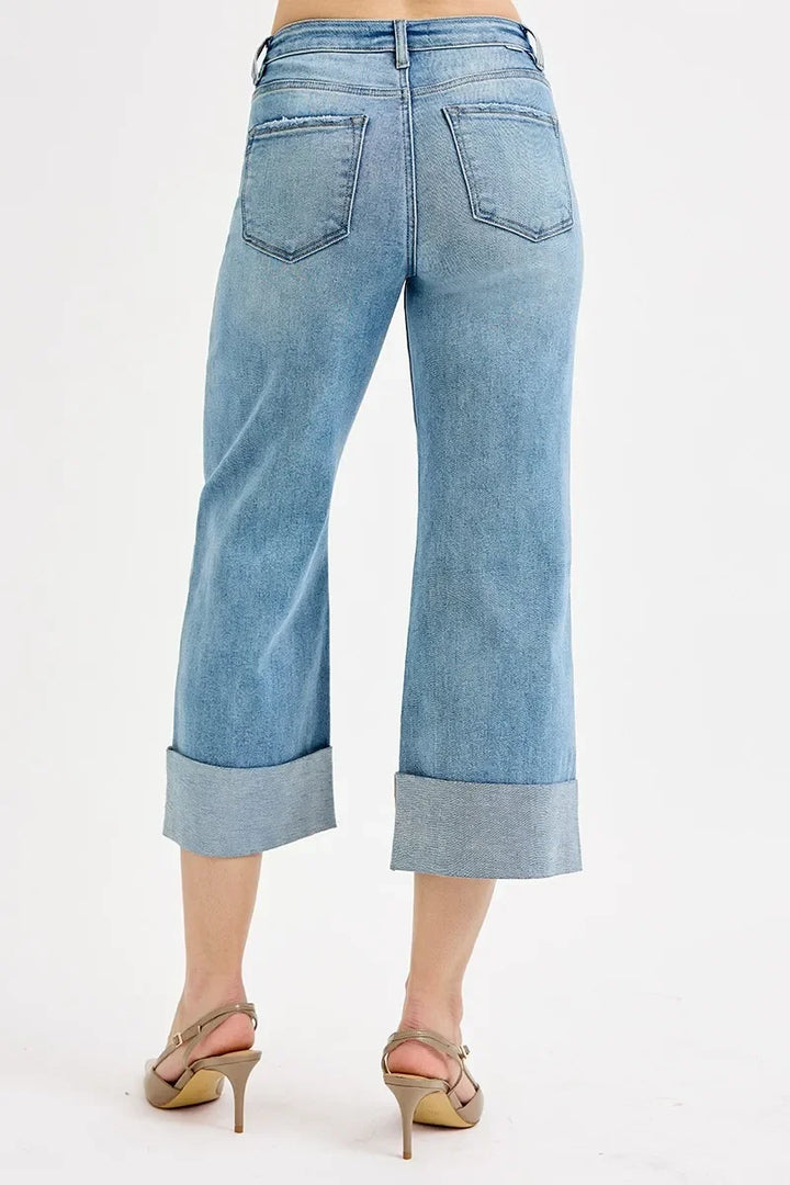 Denim - RISEN Full Size Tummy Control High Rise Ankle Wide Cuffed Jeans Plus Size - - Cultured Cloths Apparel