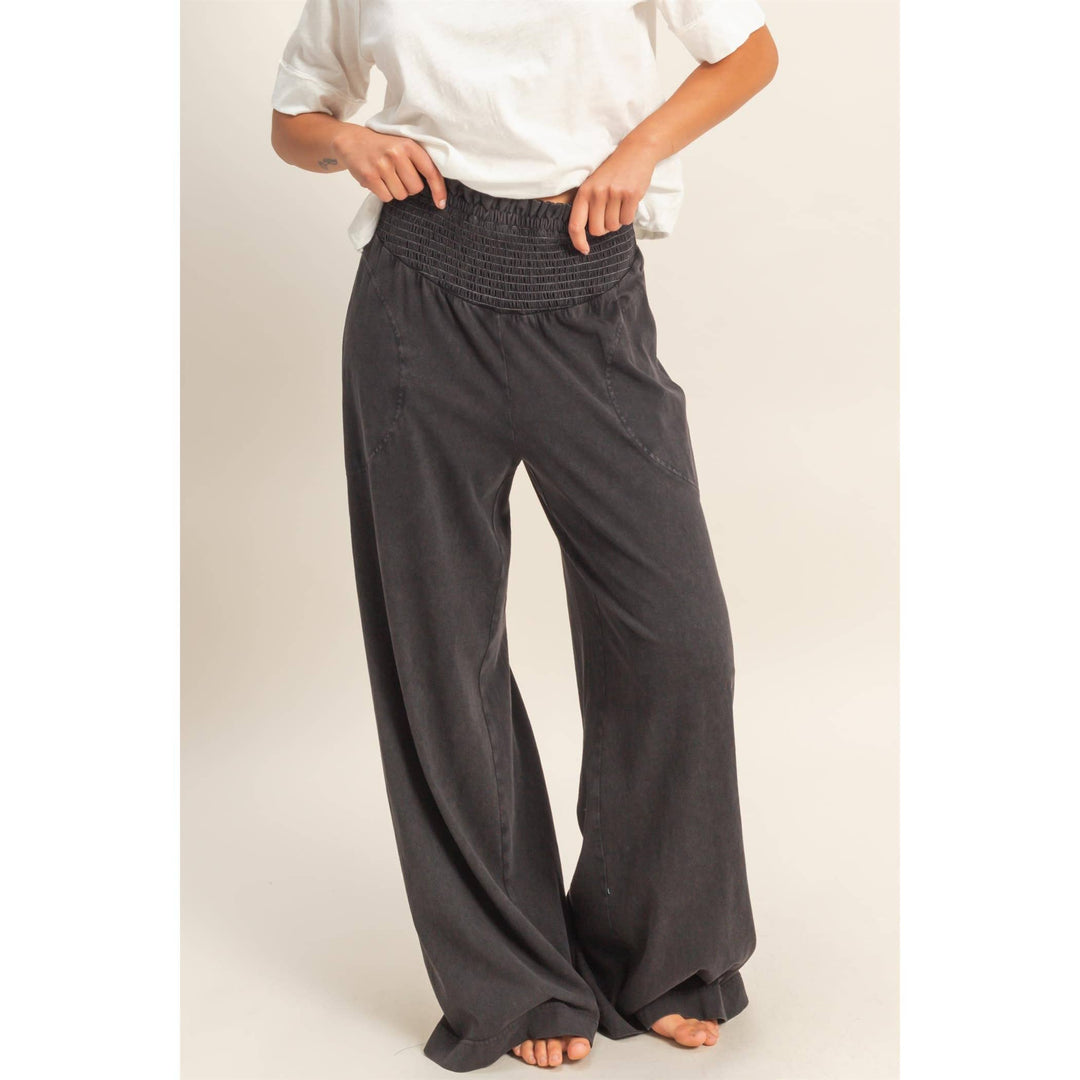 Mineral Washed Wide-Leg Smocked Waist Pants