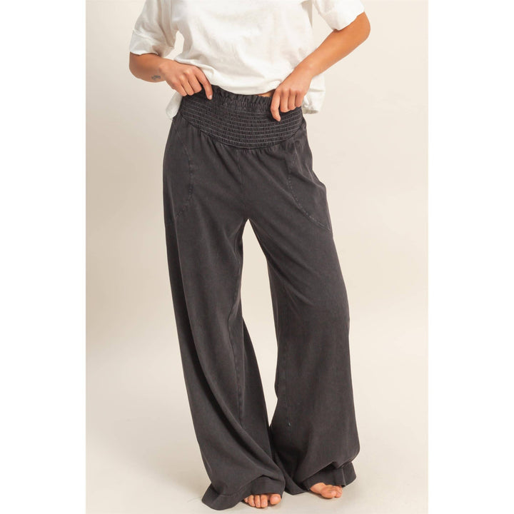 Mineral Washed Wide-Leg Smocked Waist Pants