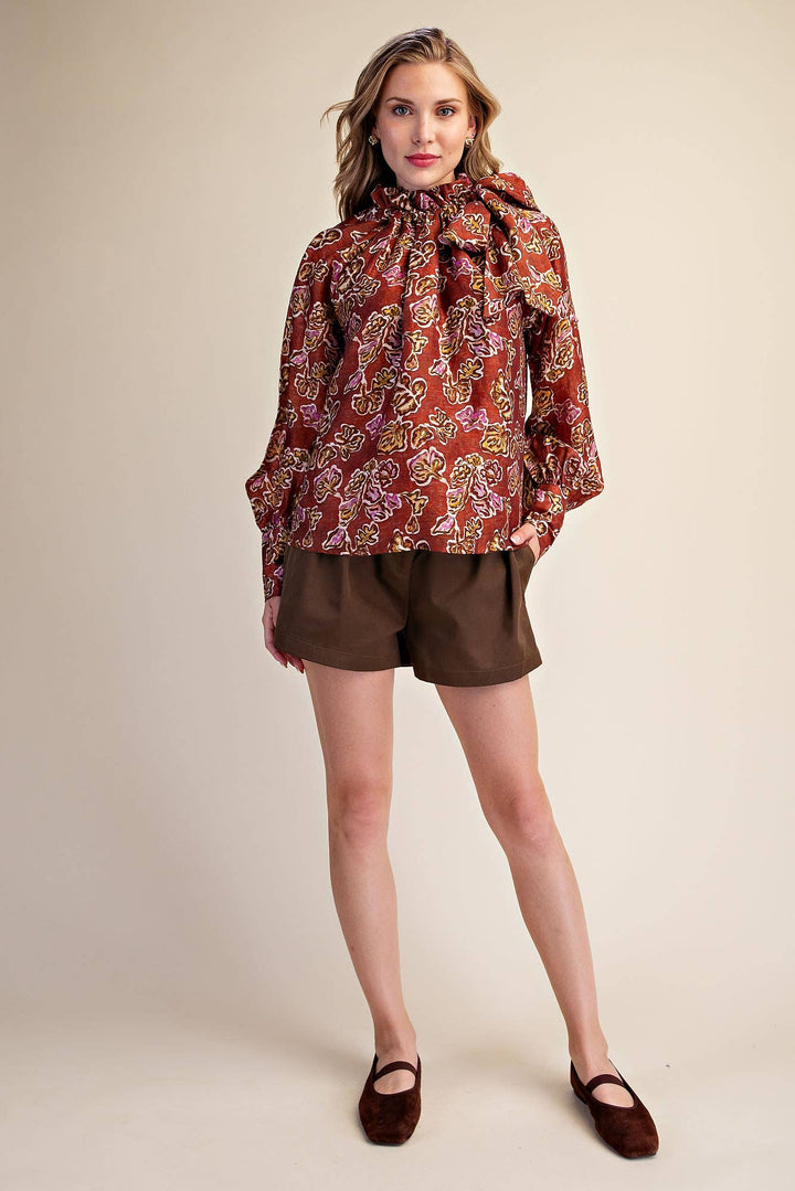 Ruffle Tie Neck Long Sleeve Print Blouse