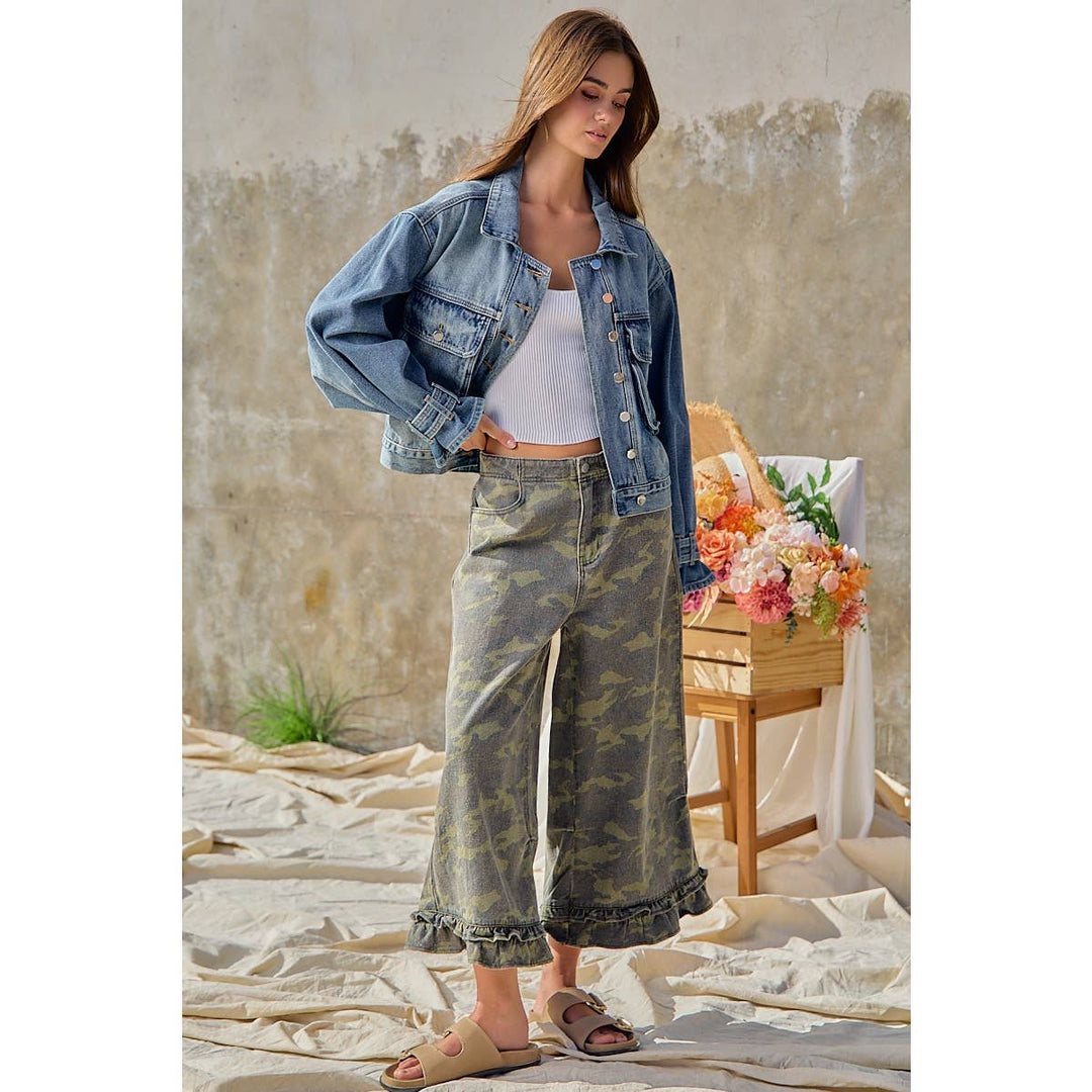 Pants - CAMOUFLAGE DENIM RUFFLED HEM MID RISE PANTS - - Cultured Cloths Apparel