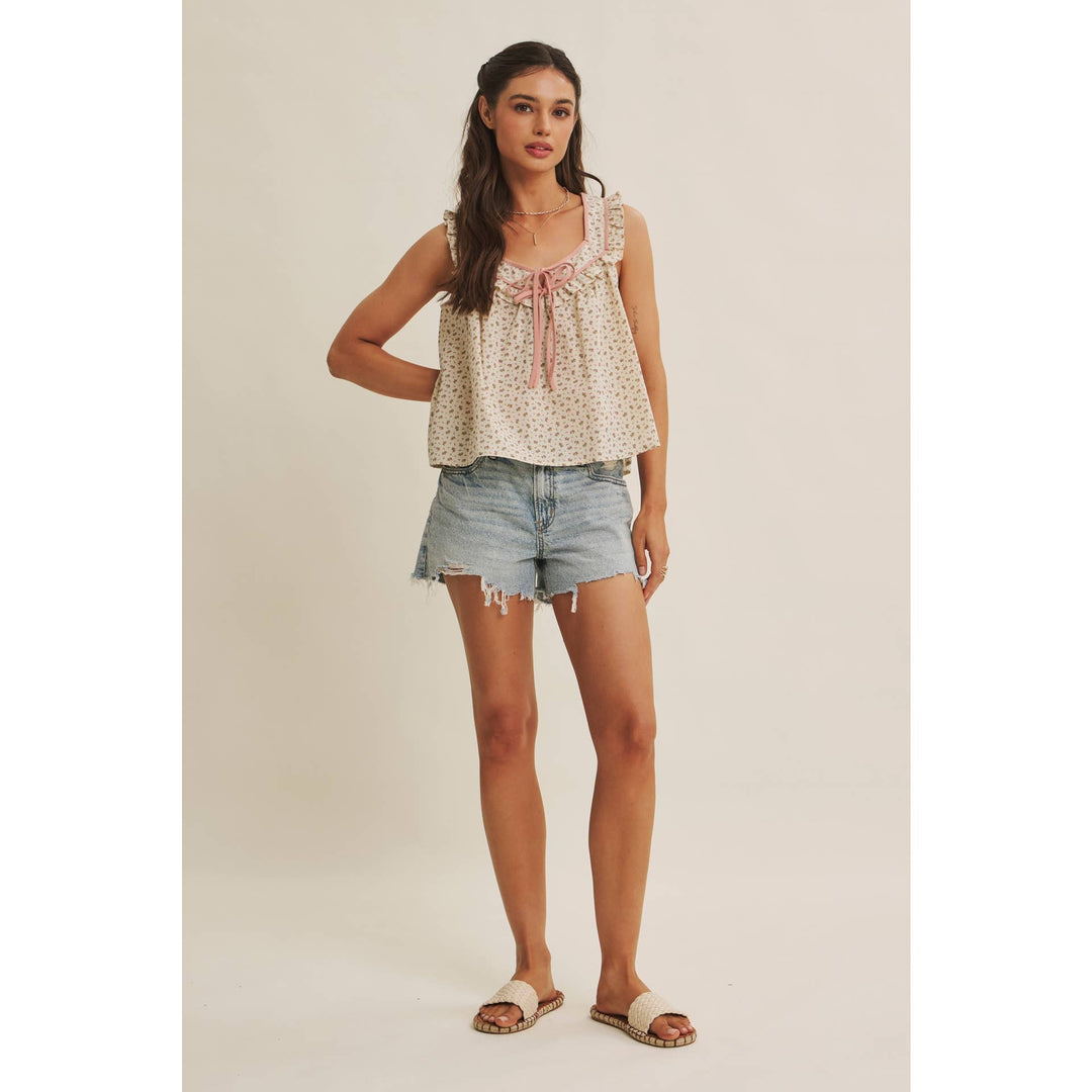 Women's Sleeveless - ANTIQUE MEADOW CONTRAST BINDING FLORAL RUFFLED BLOUSE TOP - - Cultured Cloths Apparel
