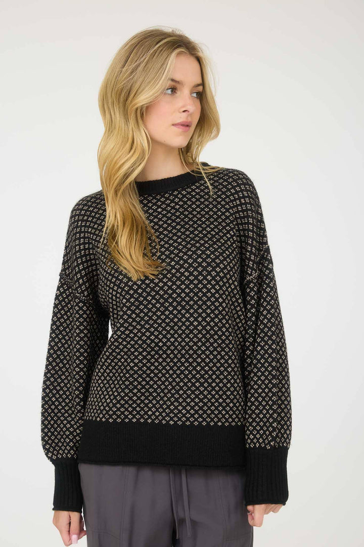 Women's Sweaters - MINI JACQUARD CREW NECK LONG SLEEVE KNIT SWEATER - BLACK - Cultured Cloths Apparel