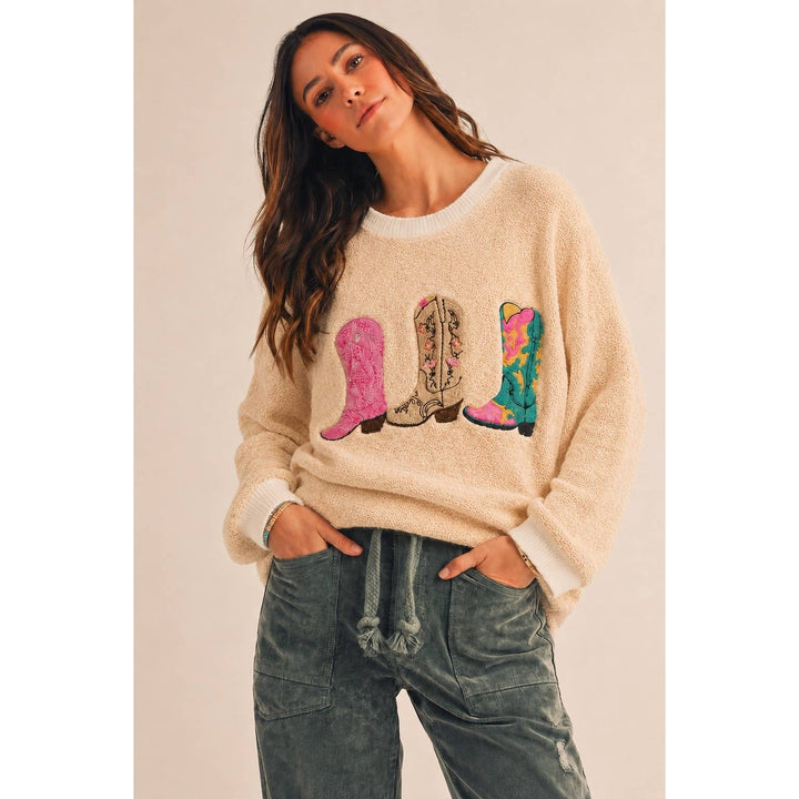 Women's Sweaters - Wildflower Rodeo Boots Patchwork Knit Sweater - - Cultured Cloths Apparel