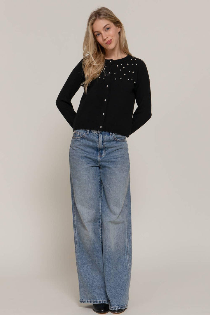 Women's Sweaters - Long Sleeve Round Neck Pearl Embellished Sweater Cardigan - - Cultured Cloths Apparel