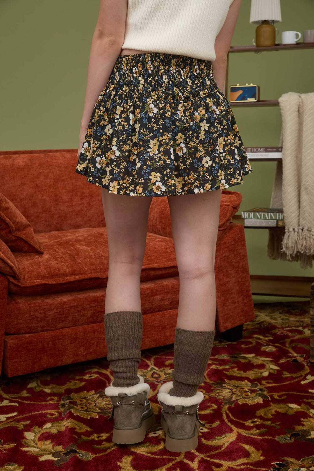 Women's Skirts - FLORAL SMOCKED LACE-UP DETAIL MINI SKIRT - - Cultured Cloths Apparel