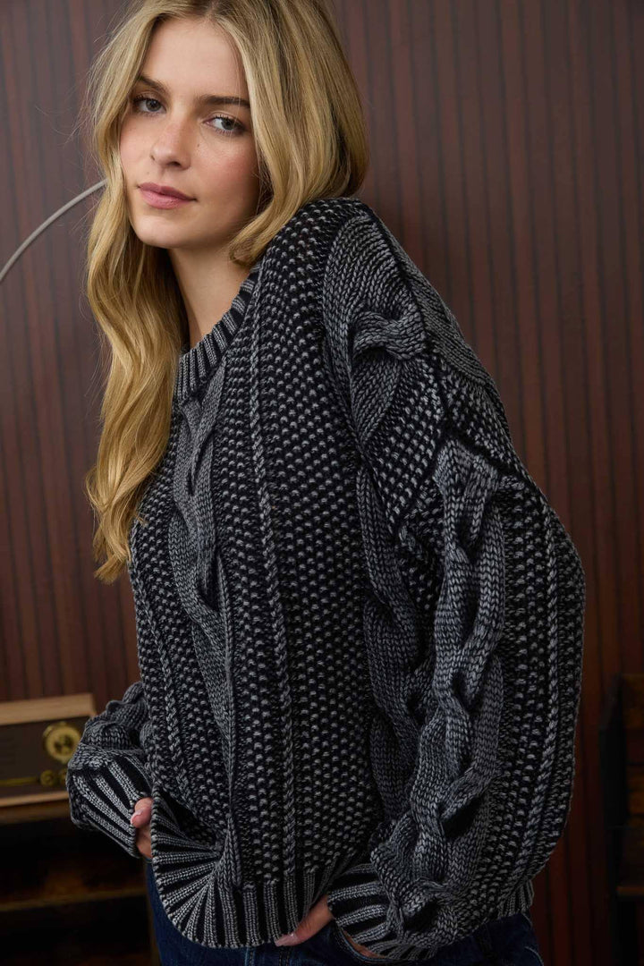 Women's Sweaters - WASHED CABLE KNIT PULLOVER SWEATER - CHARCOAL - Cultured Cloths Apparel