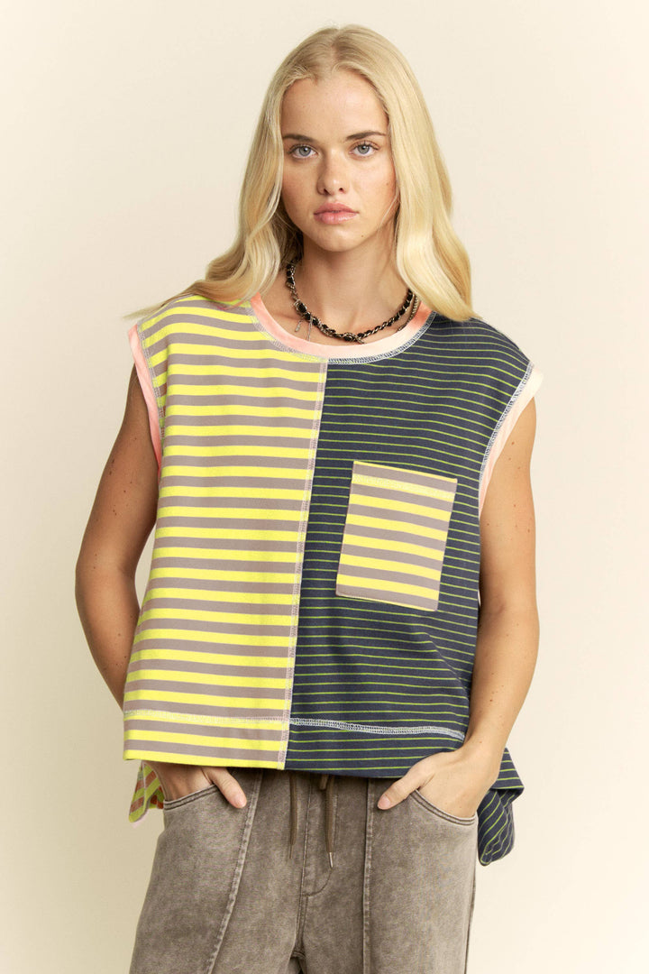 Women's Sleeveless - STRIPED COLORBLOCK SLEEVELESS VEST TOP - LEMON GREY INK - Cultured Cloths Apparel