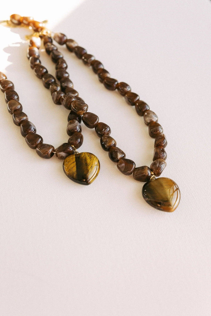 Jade Stone Heart Necklace - Brown