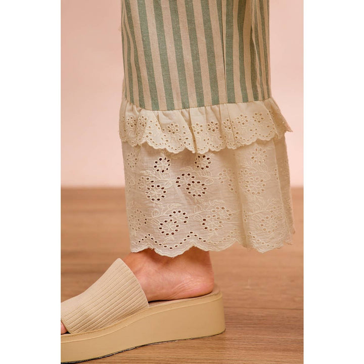Pants - STRIPE WOVEN RUFFLED LACE HEM PANTS WITH SIDE POCKET - - Cultured Cloths Apparel