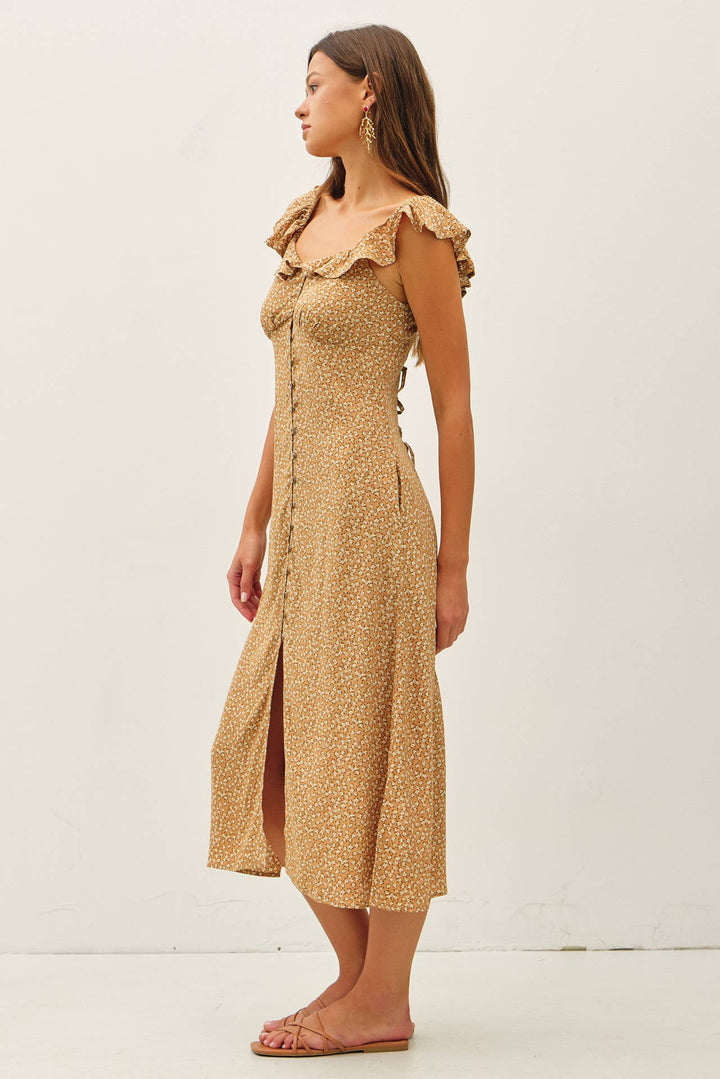 VITAGE DITSY PRINT RUFFLEED MIDI DRESS