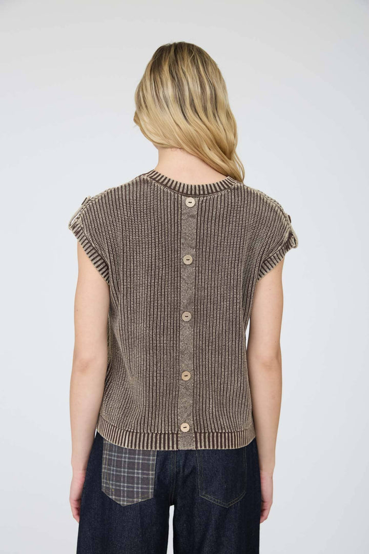 Women's Short Sleeve - ACID WASHED TAB SLEEVE BACK BUTTON KNIT TOP: CHARCOAL - - Cultured Cloths Apparel