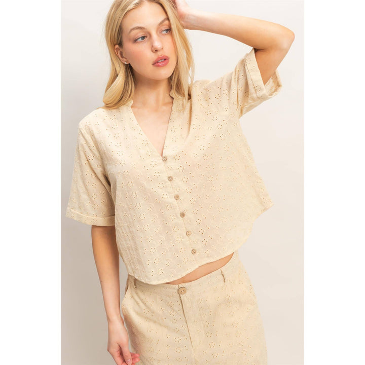 Olive Floral Eyelet Mandarin Collar Top