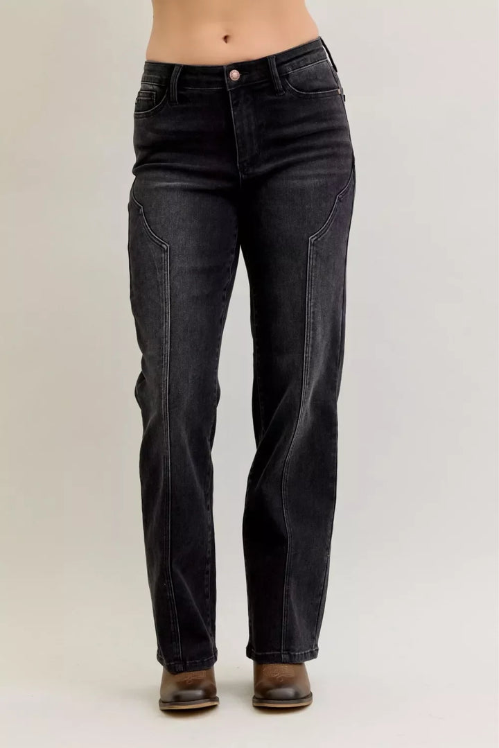 Denim - Judy Blue Mid Rise Straight Western Seam Detail Jeans - - Cultured Cloths Apparel