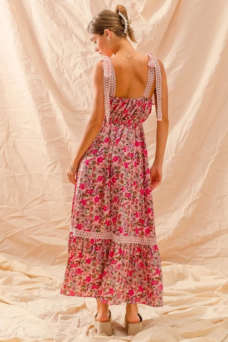 Women's Dresses - SO ME Floral Maxi Dress With Ribbon Tie Lace Strap - - Cultured Cloths Apparel